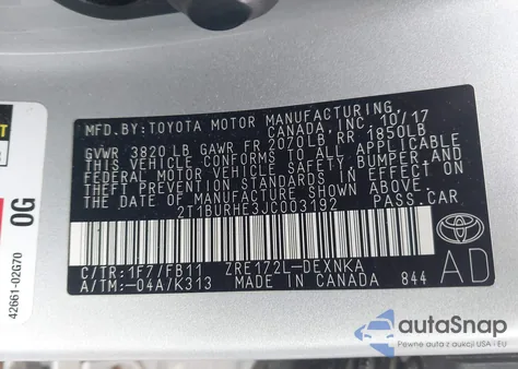 2018 Toyota Corolla Le z USA, uszkodzony, nr VIN 2T1BURHE3JC003192